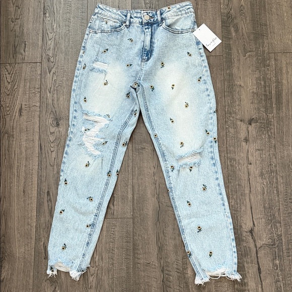 love, Fire Denim - love, Fire Distressed Light Blue Jeans with Embroidered sunflowers